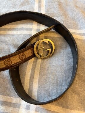 Gucci Brown Monogram Canvas Belt with Brass GG Buckle